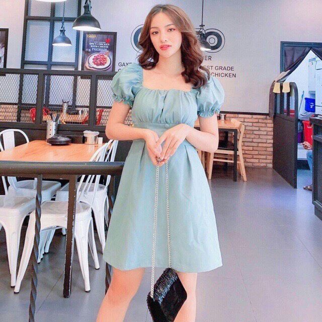 Đầm mint cổ U nút bọc, đầm xanh mint dáng xòe, đầm cổ chữ U thời trang l, đầm nữ thanh lịch