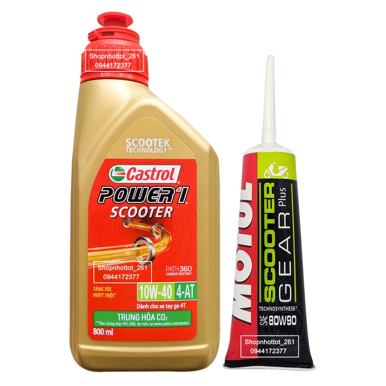 Combo (0.8L) Dầu nhớt xe tay ga Castrol Power Scooter 10W40 4T 800ML + Nhớt Lap Motul Gear 120ML - Shopnhottot
