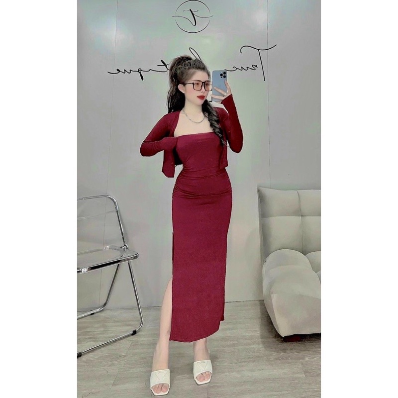 Đầm kèm áo khoác chất thun gân,áo đầm thun gân đầm body,váy hai dây,váy đầm dây