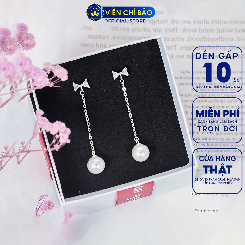 Bông tai bạc nữ Trái châu hình nơ đính đá chất liệu bạc 925 thời trang phụ kiện trang sức nữ Viễn Chí Bảo B400502