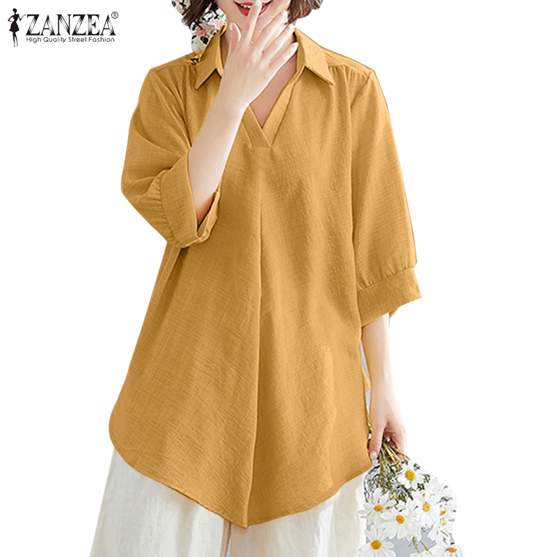 Áo sơ mi Zanzea tay lỡ cổ bẻ dáng rộng màu trơn phong cách Hàn Quốc đơn giản dành cho nữ