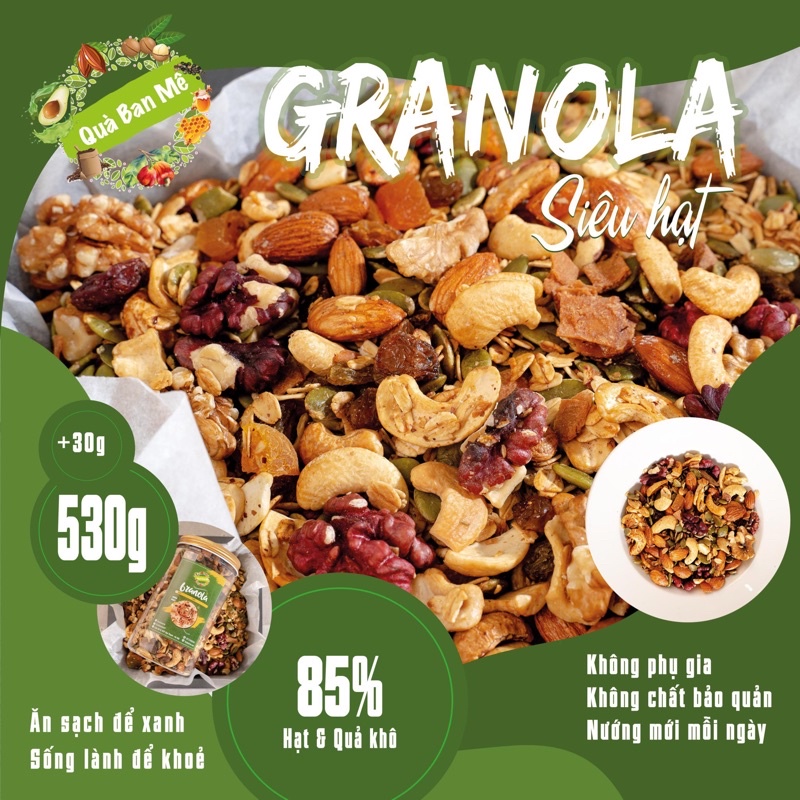 530g Granola siêu hạt - 85% hạt & quả khô Nướng mới sau khi khách order