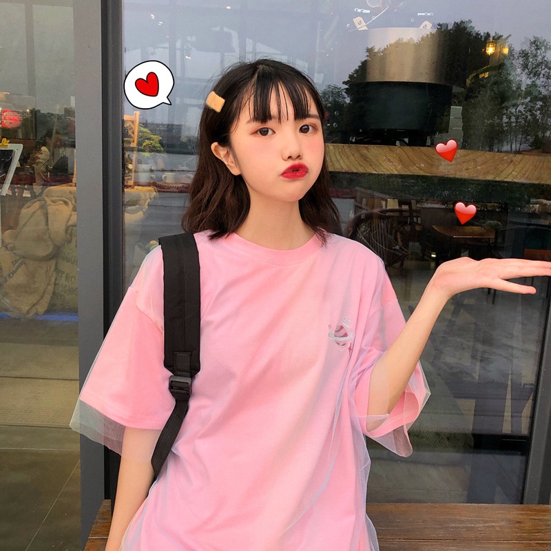 SUXI Áo thun tay ngắn form rộng họa tiết thêu theo phong cách Hàn Quốc