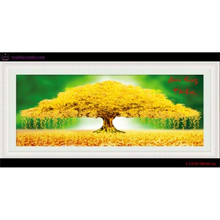 Tranh thêu chữ thập Giàu sang phú quý Cây tiền 100x44