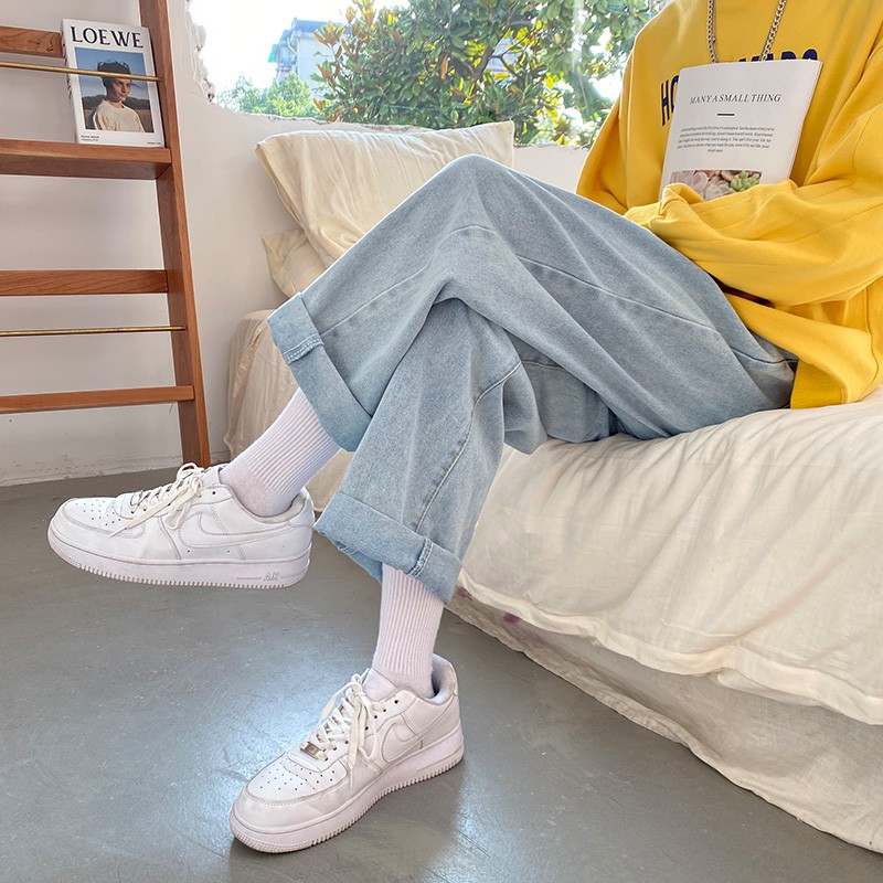 LEEVA - Quần jeans xanh nữ ống suông cá tính Q029