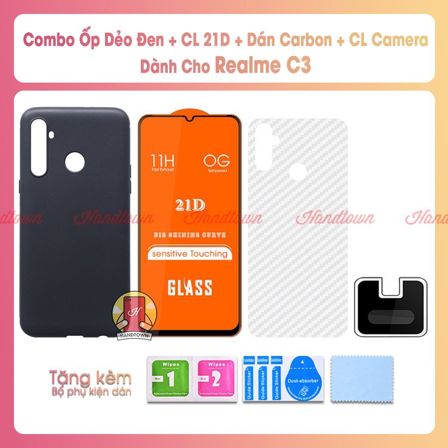 Combo Ốp Dẻo Đen, Kính Cường Lực Camera, Cường Lực 21D, Dán Cacbon Dành Cho Realme C3