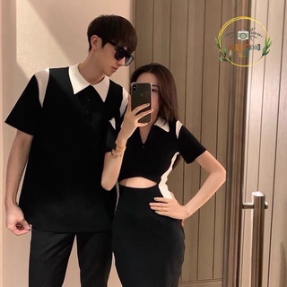  Set đồ đôi form body phối màu trắng đen khoét eo: Váy thun nữ + Áo polo nam 