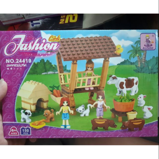 Đồ chơi lắp ráp ghép hình thông minh lego ausini 24419 trang trại chăn nuôi bò thỏ chó mèo và girl friends táo xanh