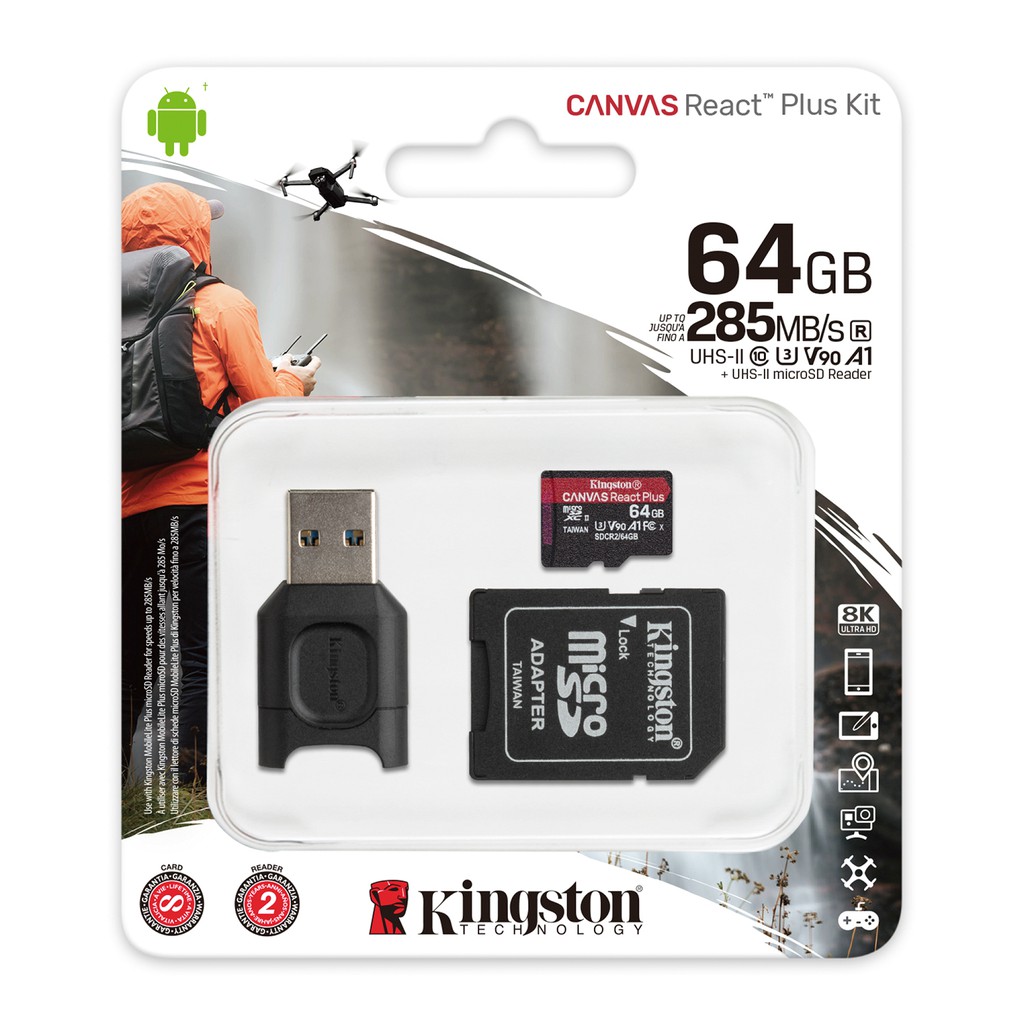 Thẻ nhớ micSDXC Kingston Canvas React Plus cho quay video UHS-II 4K/8K, Flycam HD 64Gb MLPMR2/64GB - BEN