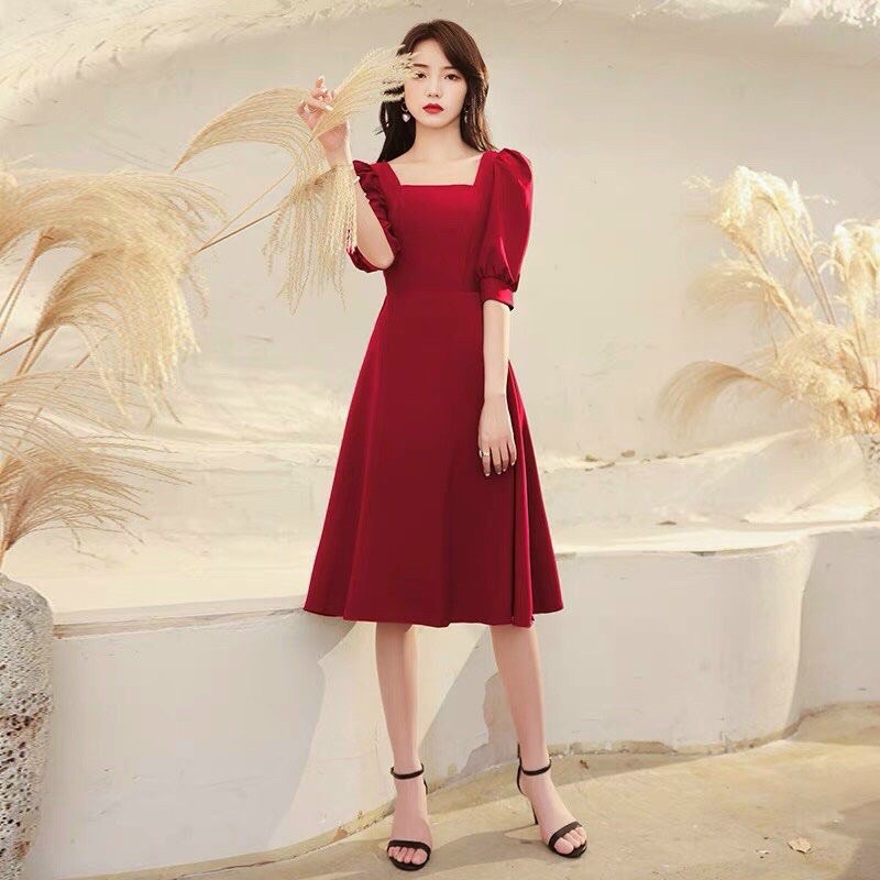 Đầm xoè lụa ý cổ vuông tay phồng trơn đơn giản TRIPBLE T DRESS - size M/L/XL