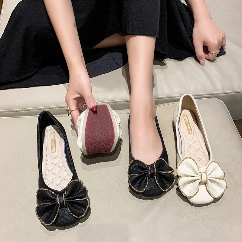 Giầy búp bê nữ nơ cánh xòe viền xích xinh xắn đế dẻo
