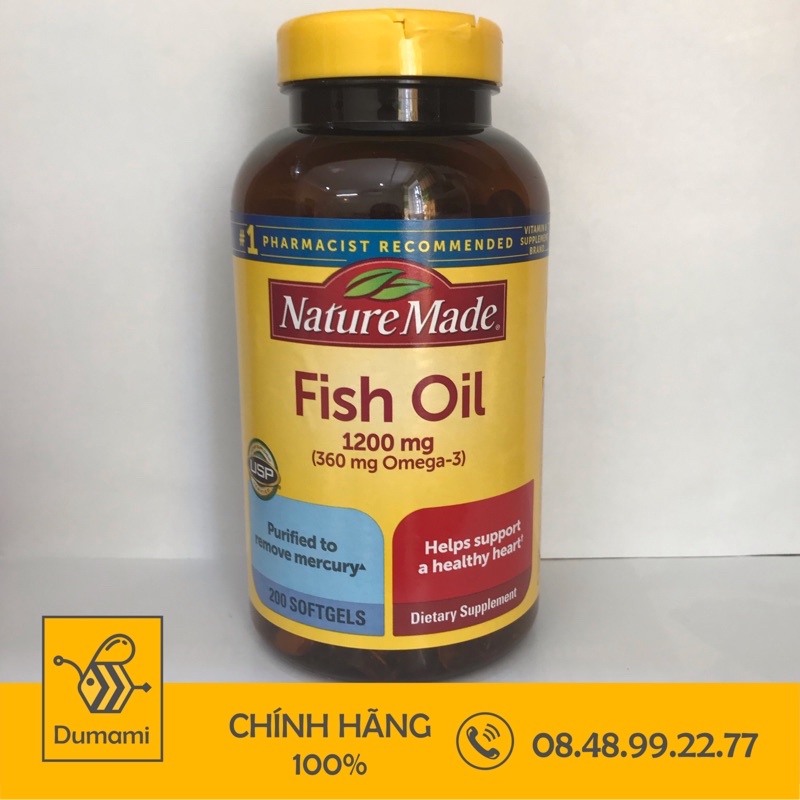 Viên uống Dầu Cá Nature Made Fish Oil 1200mg 360mg Omega 3 200 viên