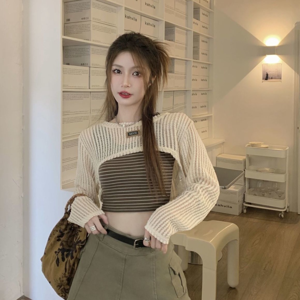 Áo khoác croptop nu Áo Dệt Kim Tay Dài Chống Nắng Dáng Rộng Thời Trang Mùa Hè 2022 Phong Cách Mới Cho Nữ