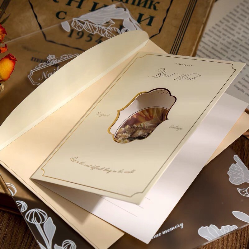 Set 4 tấm thiệp chúc mừng vintage kèm phong bì và hình dán niêm phong