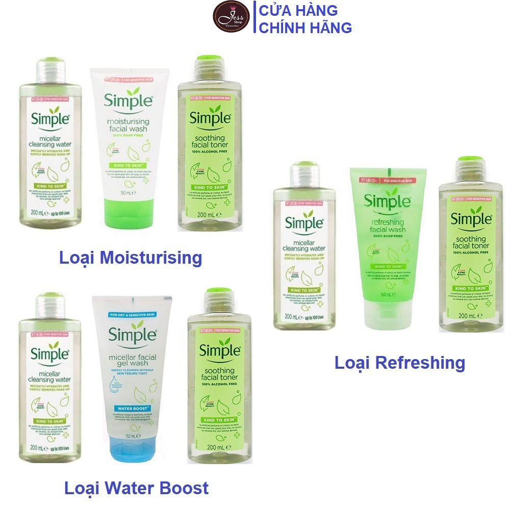 Combo 3 Sản Phẩm Dưỡng Da Simple Dành Cho Mọi Loại Da (Tẩy trang + Sữa rửa mặt + Toner)