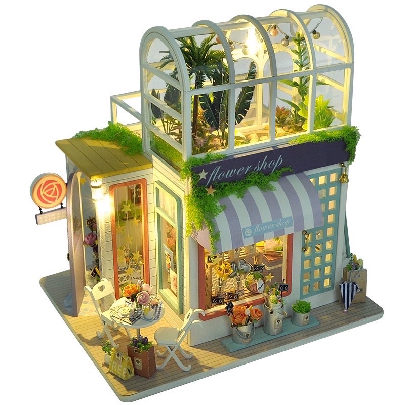 (Tặng mica,keo sữa,đèn)Mô hình nhà búp bê bé tự lắp ráp đô chơi cửa hàng hoa diy doll house TD41