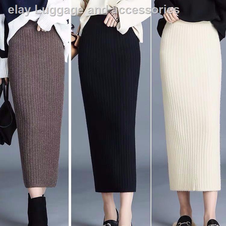 Chân váy len dày lưng cao xẻ tà phối lông thỏ thời trang thu đông