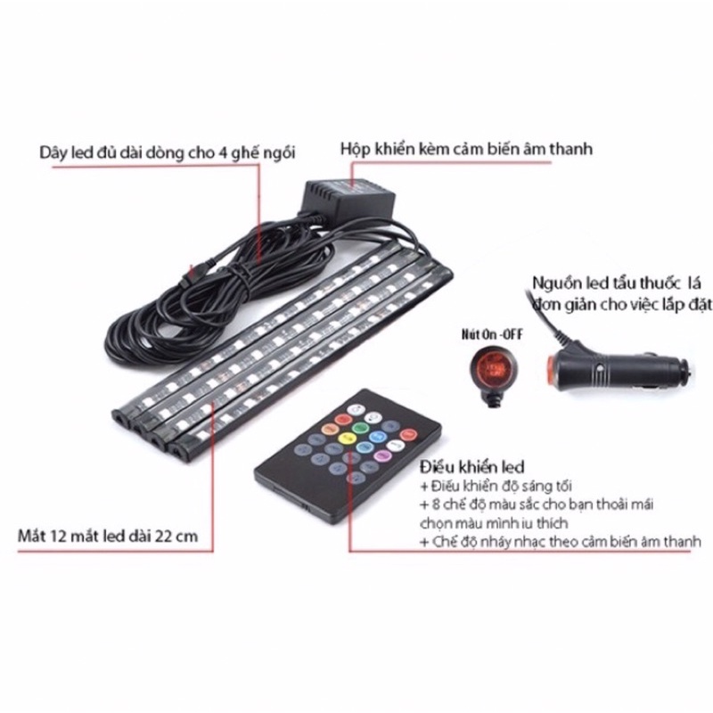 Đèn Led Gầm Ghế Ô Tô 4 Dải Mỗi Dải 48 LED,đèn led sàn ô tô