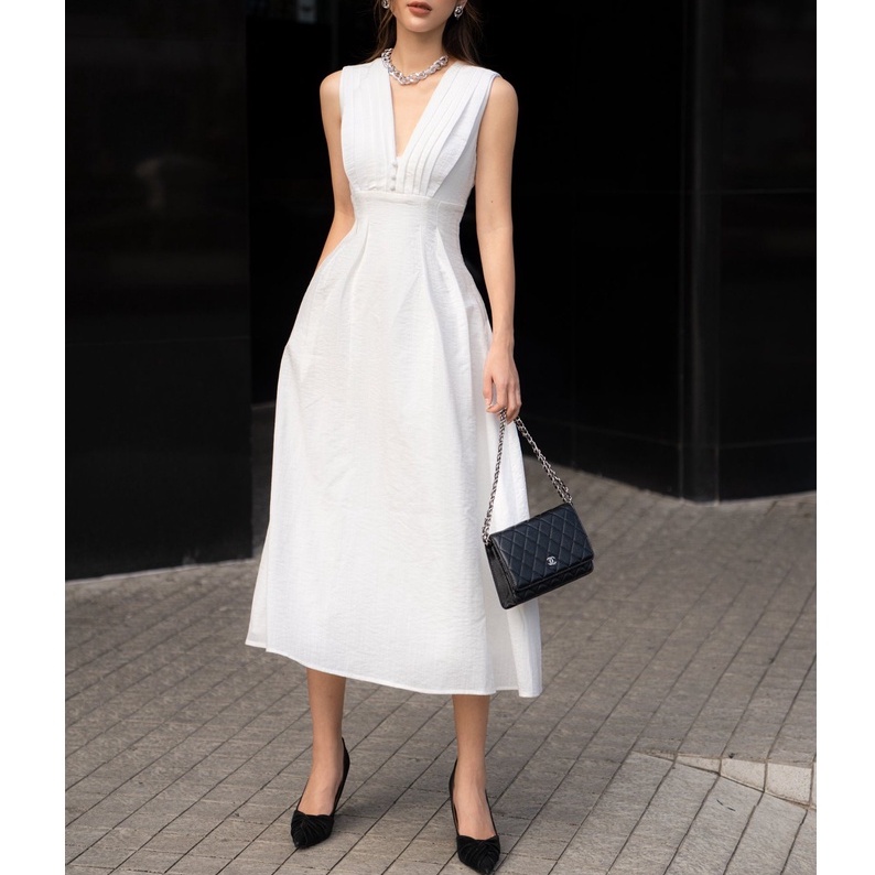 Đầm đi tiệc cao cấp thiết kế dáng xòe, midi, xếp ly ngực - Anna Dress
