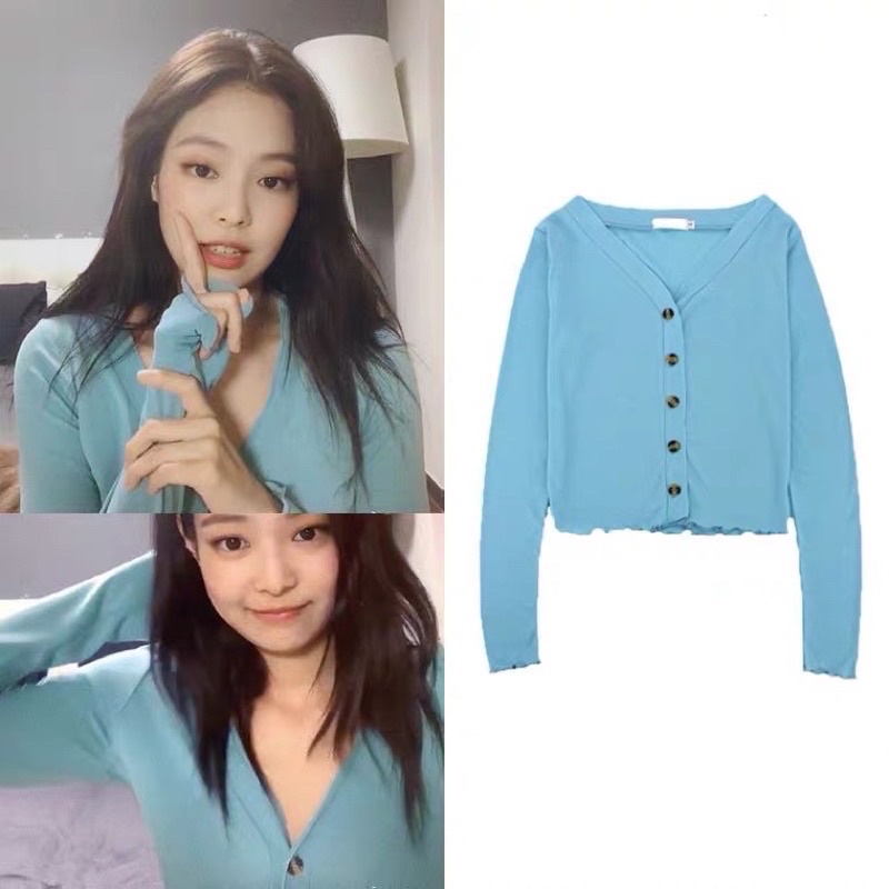 Áo cardigan len xanh mỏng Jennie BLACKPINK