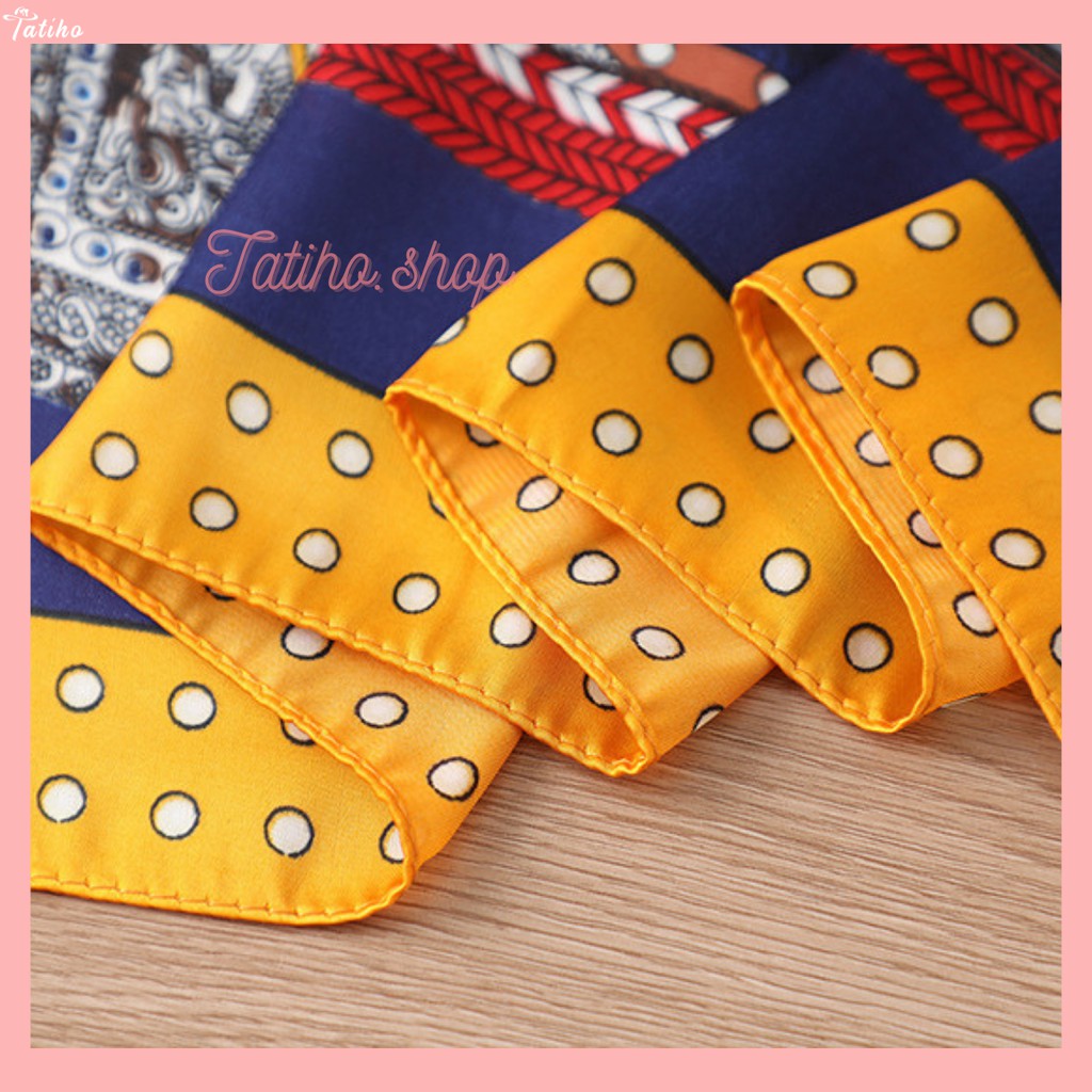 Khăn lụa vuông unisex, Khăn turban làm áo chất chiffon họa tiết yên ngựa phối viền chấm bi sang trọng 70x70cm - Mã KL056