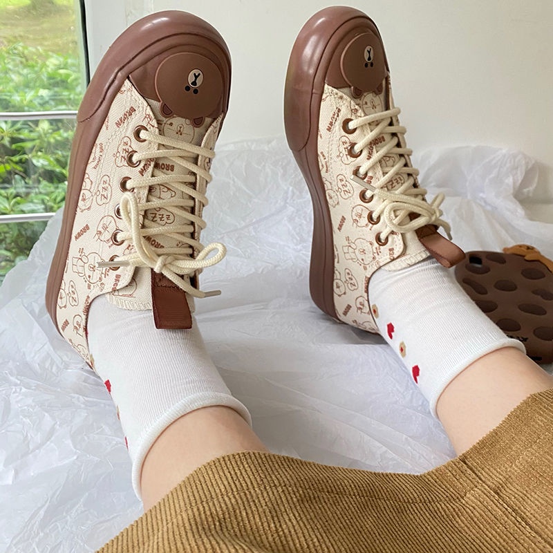 Giày Thể Thao Canvas Họa Tiết Gấu Hoạt Hình Phong Cách Nhật Bản Dễ Thương Cho Nữ