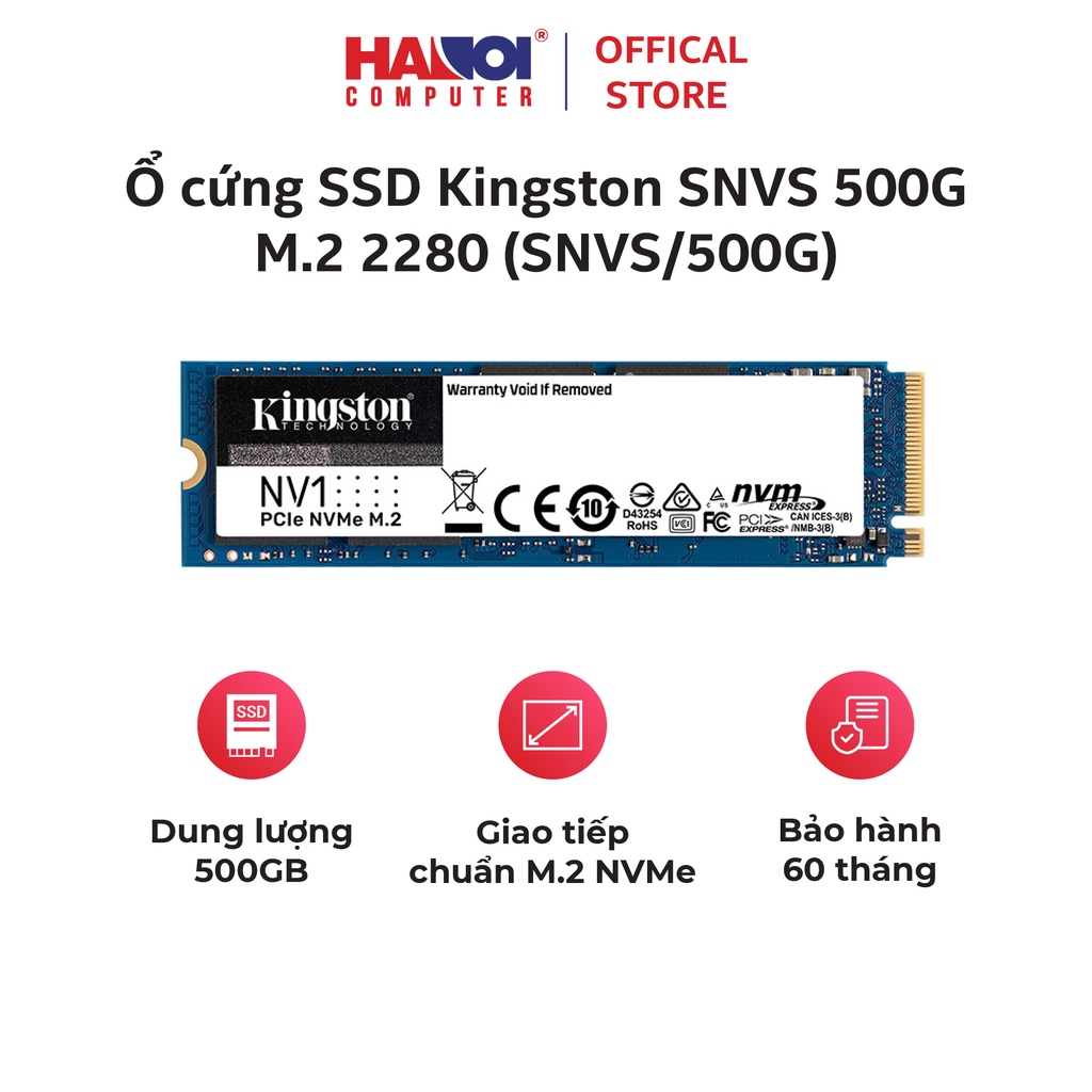 Ổ cứng SSD Kingston SNVS 500G NVMe M.2 2280 PCIe Gen 3 x 4 (Đoc 2100MB/s, Ghi 1700MB/s) - (SNVS/500G)