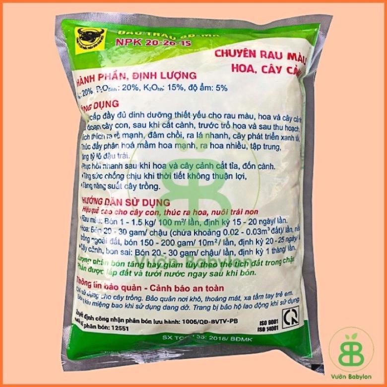 Phân bón NPK đầu Trâu 20-20-15 gói 1kg chuyên dùng bón Hoa , rau và cây Cảnh