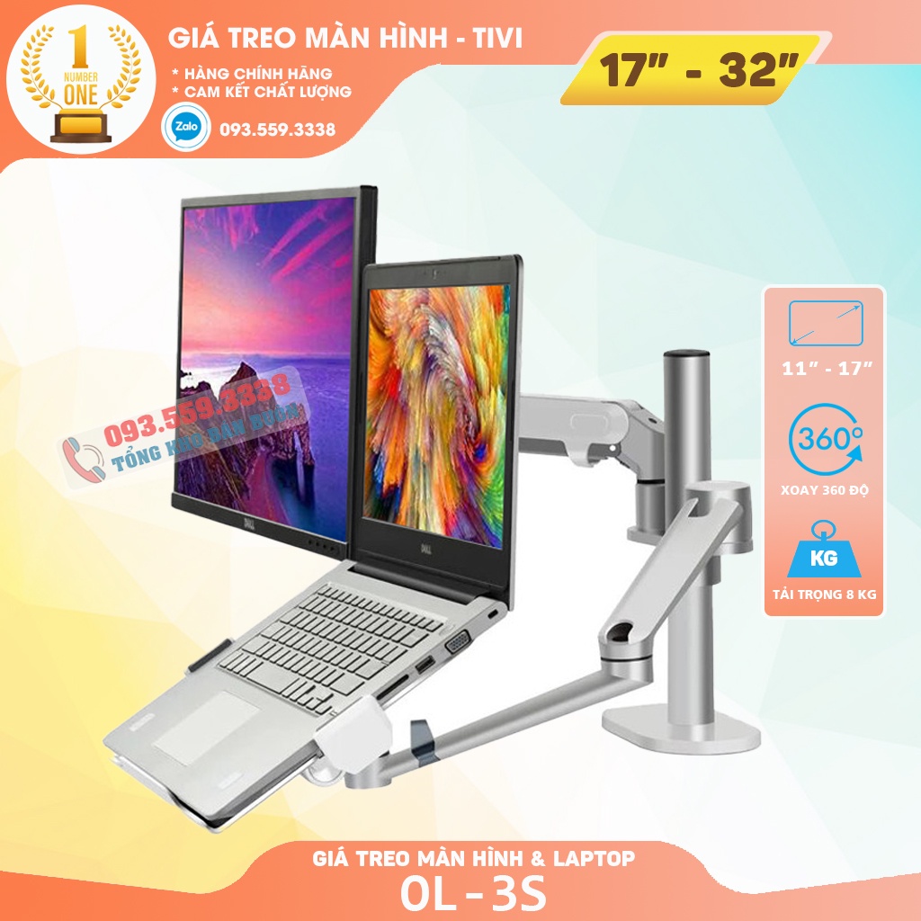 Giá Treo Màn Hình OL 3S 15 - 32 Inch Kèm Kệ Đỡ Laptop 11 - 17.3 Inch - Hợp Kim Nhôm - Lò Xo Khí Nén