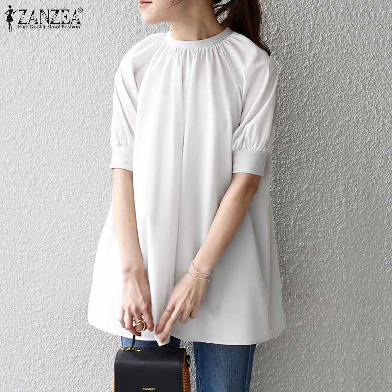 Áo sơ mi ZANZEA tay lửng cổ tròn dáng rộng thời trang cho nữ