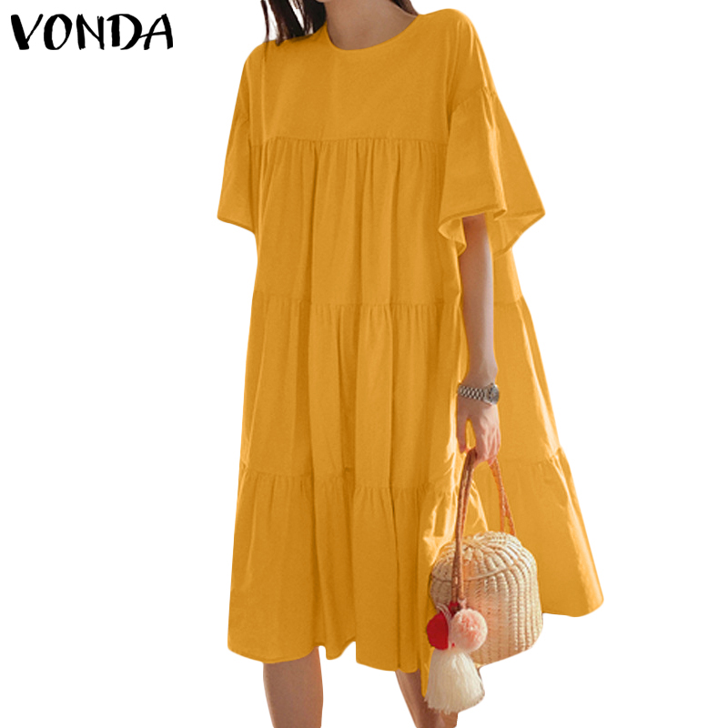 Đầm Tay Ngắn VONDA Màu Trơn Thiết Kế Dáng Rộng Phong Cách Hàn Quốc | BigBuy360 - bigbuy360.vn