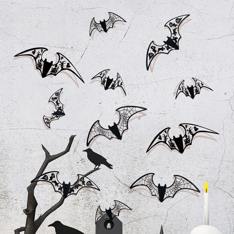 Set 12 Miếng Dán Tường / Cửa Sổ DIY Hình Dơi 3D Màu Đen Có Thể Tháo Gỡ Trang Trí Lễ Hội Halloween