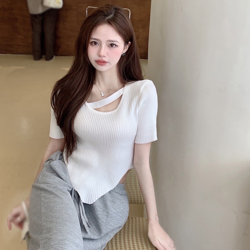 Áo Thun Dệt Kim Màu Trơn Viền Cong Quyến Rũ Thời Trang Đường Phố Mùa Hè Màu Sắc Gợi Cảm Dành Cho Bạn Nữ