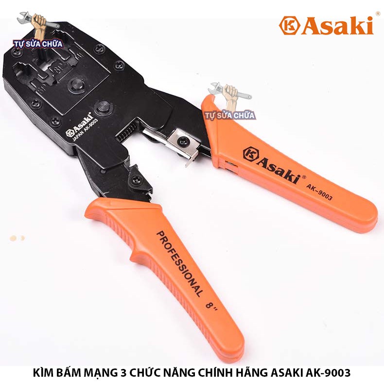 Kìm Kềm bấm cáp mạng 3 chức năng 8&quot;/200mm Asaki AK-9003, bấm đầu RJ45, RJ11, RJ22 hàng chính hãng loại xịn