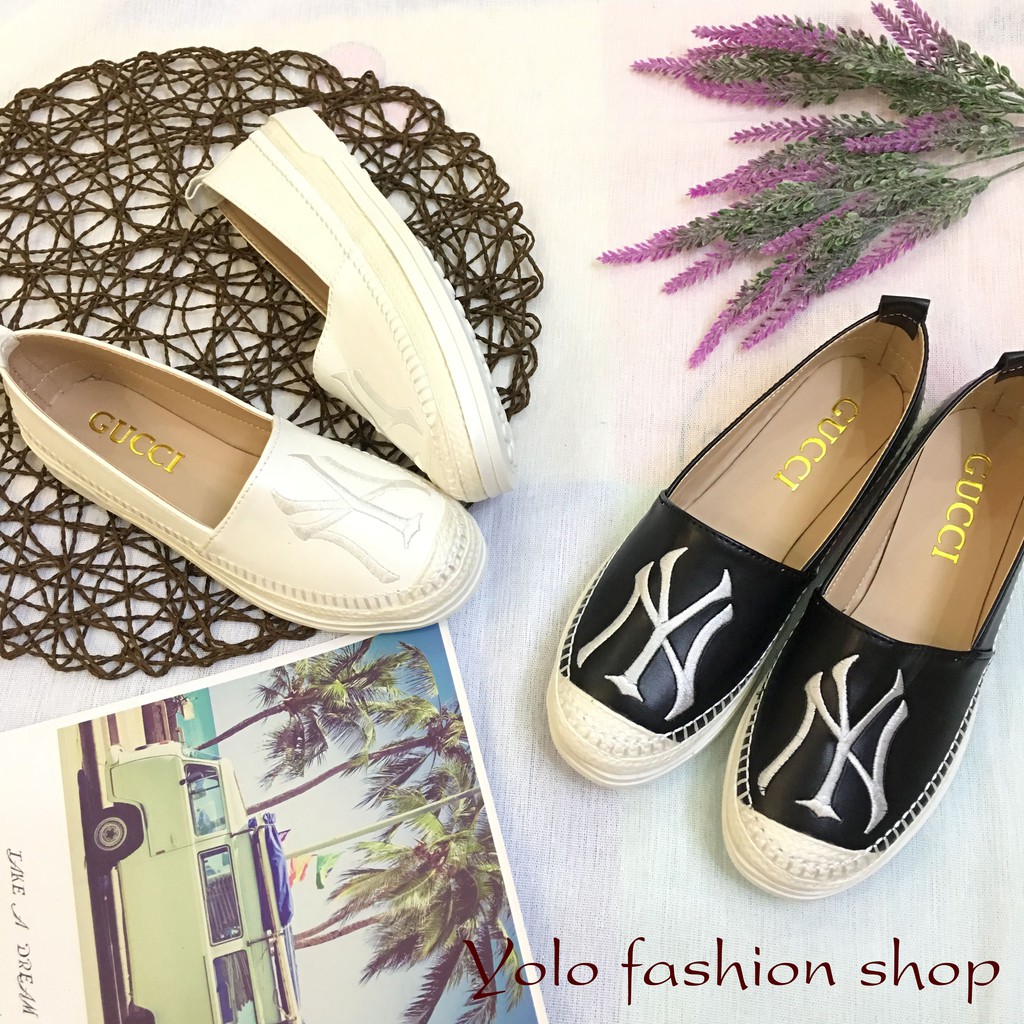 [Hình thật] NY Giày lười slip on nữ da mềm thêu chữ cao cấp