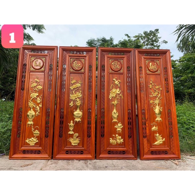 Tranh Tứ Quý Gỗ Hương Đỏ Mạ Vàng 24k