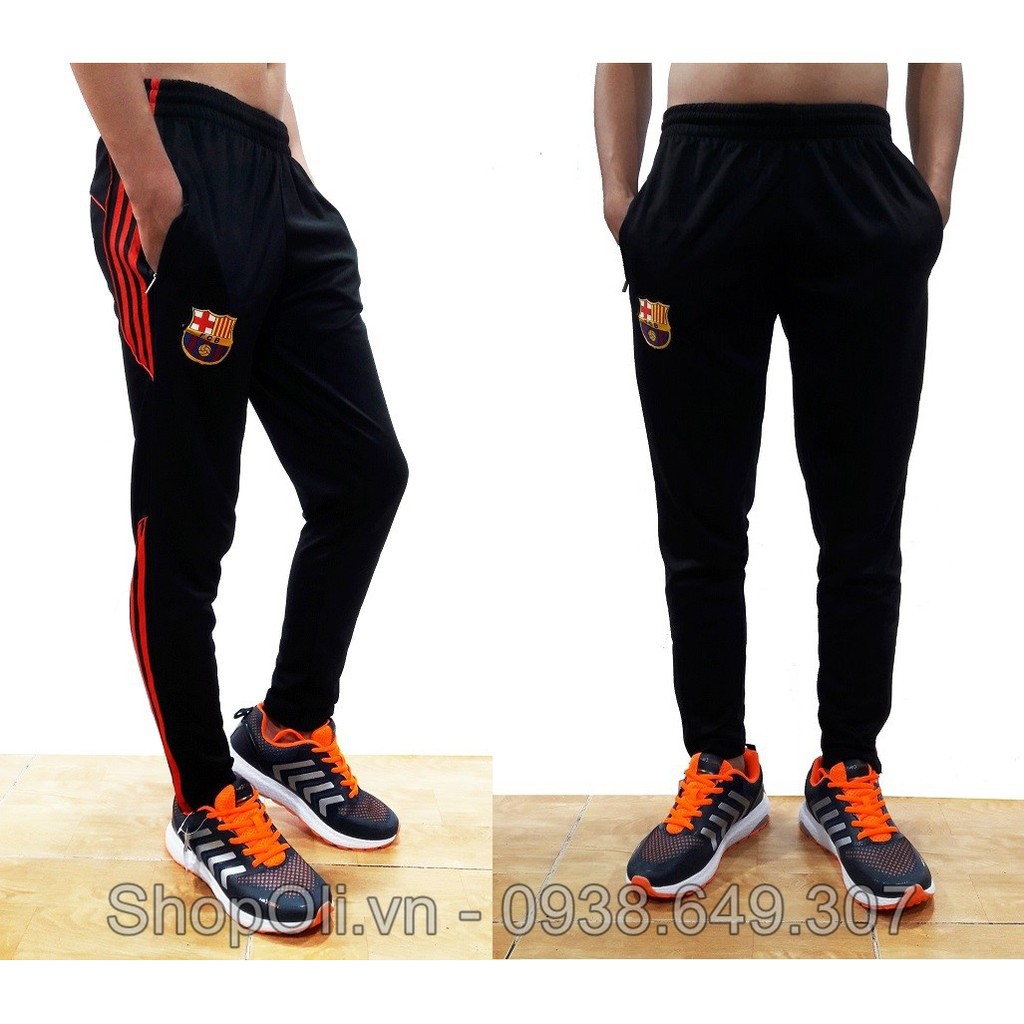 Quần dài thể thao clb Barcelona ống bó vải nỉ cao cấp - 3 sọc đỏ-Xịn sò