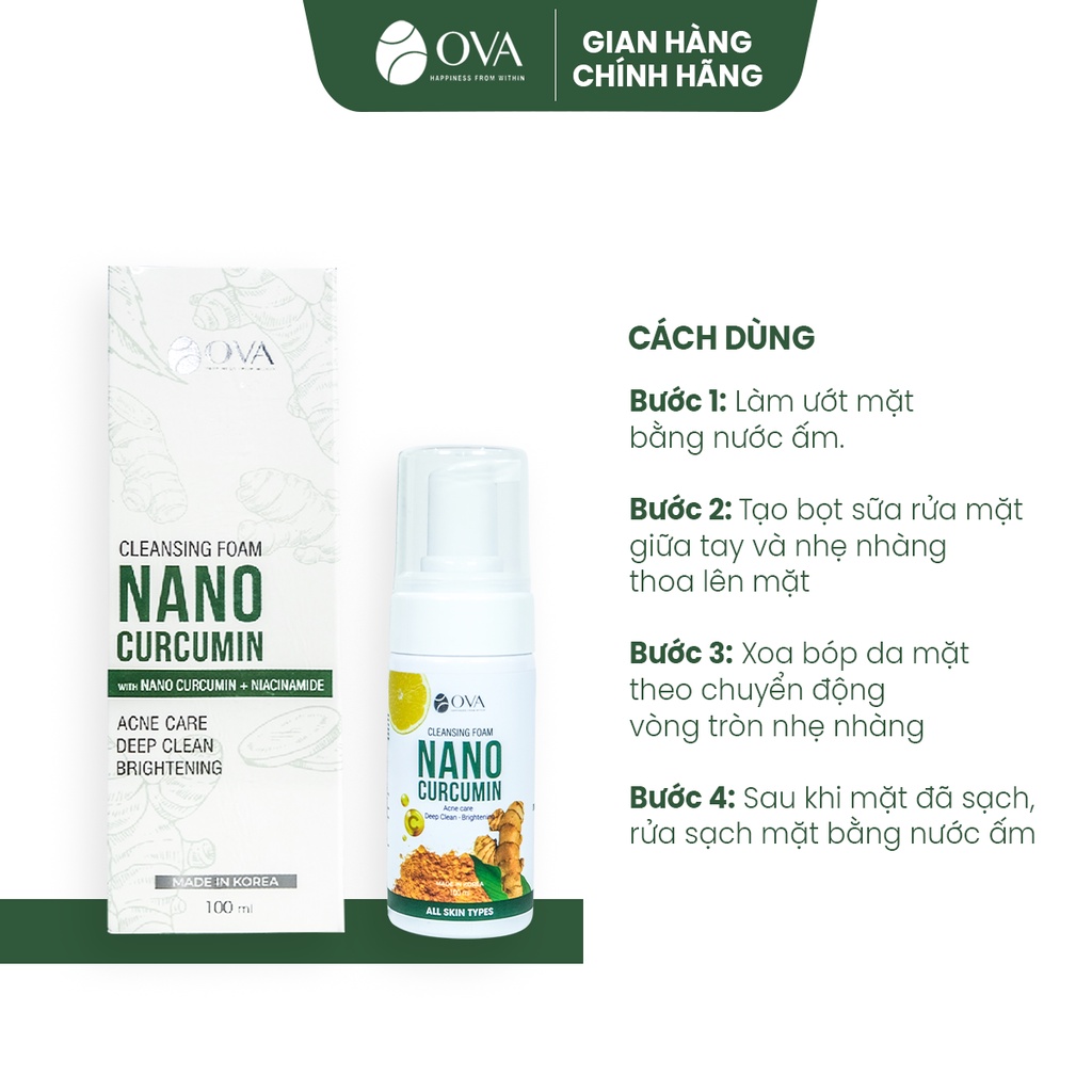 Sữa rửa mặt nghệ tạo bọt Nano Curcumin 100ml ngừa mụn trứng cá cho da mặt dầu, làm sạch sâu, hết mụn ẩn, cám, đầu đen.