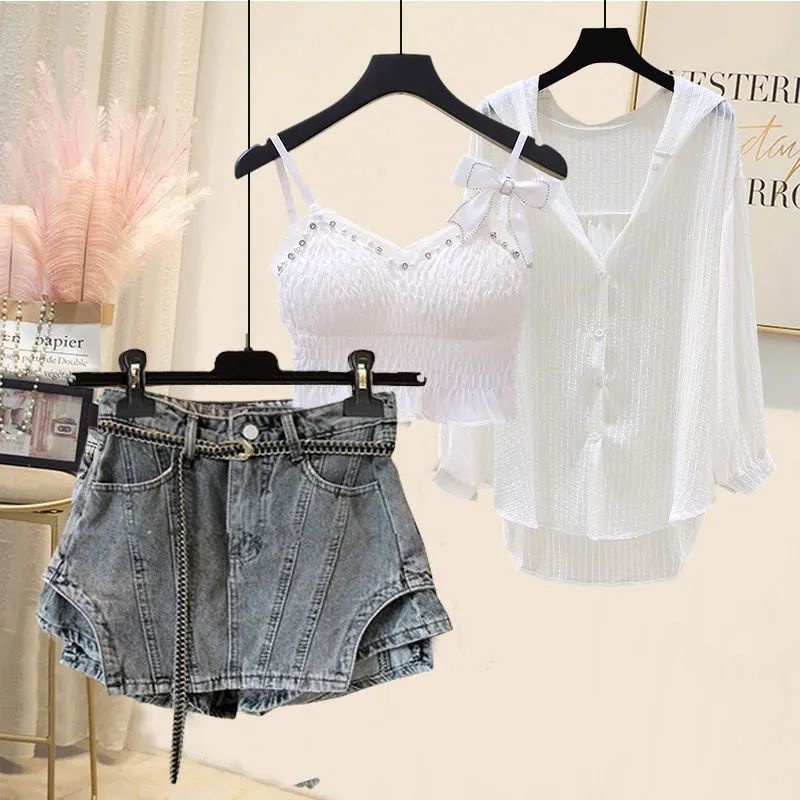 Jiashucheng Bộ Áo Sơ Mi Ba Dây Ôm Eo Nhỏ Phong Cách Mới Mùa Hè Cho Nữ