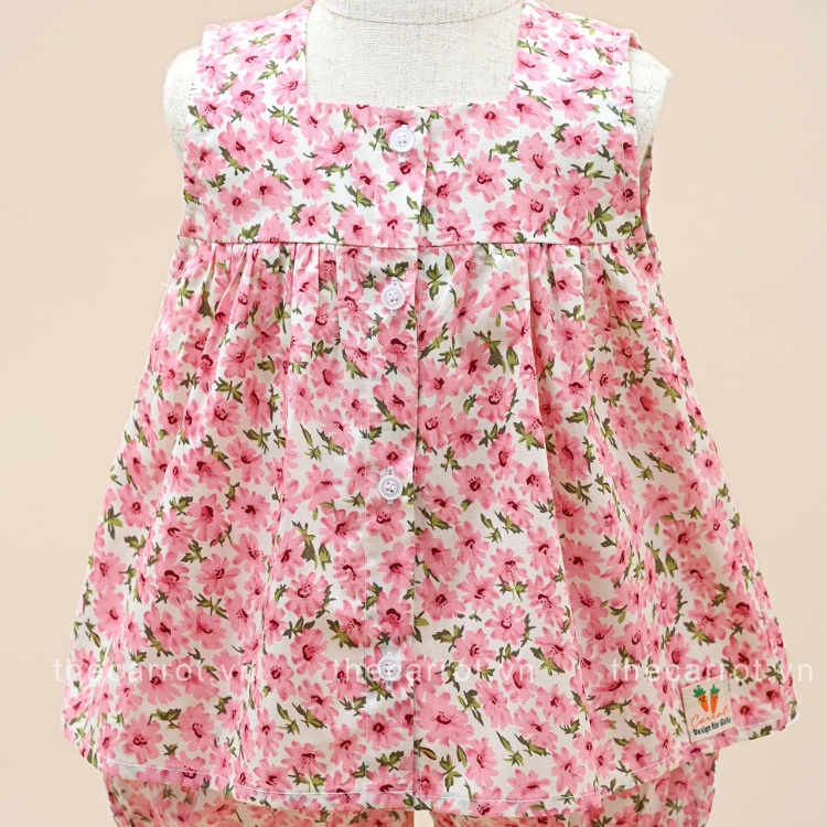 Bộ Đồ Carrot Cho Bé Gái, Họa Tiết Hoa Đào Hồng, Không Tay Dáng Baby Doll, Chất Thô Cotton Thoáng Mát Thấm Hút Mồ Hôi Tốt