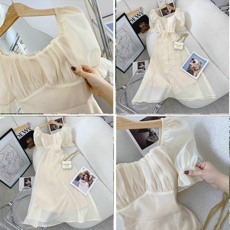 Đầm midi xếp ly nhún ngực tay bồng váy nữ đi tiệc dáng xòe thắt nơ lưng sang trọng thanh lịch