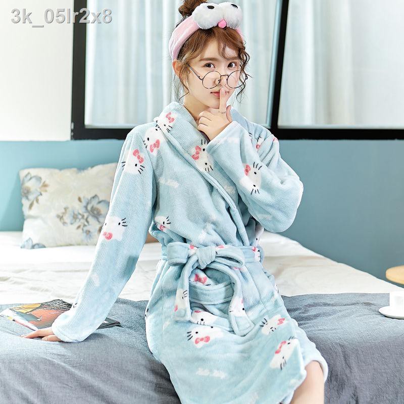 ✟✉Áo choàng nữ mùa thu đông lông cừu dày màu san hô dài giữa pyjama tắm rời bằng vải nỉ ngọt ngào cộng với bộ váy ngủ nh