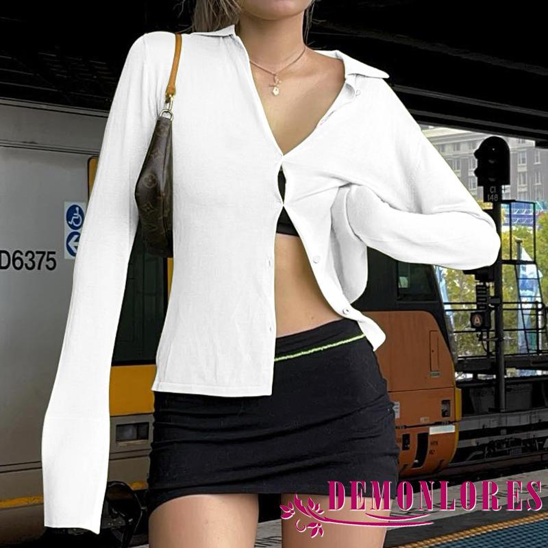 Demonlores-Women´s Button Down Tops Long Sleeve V Neck Solid Color Lapel Shirt Thin Cardigan