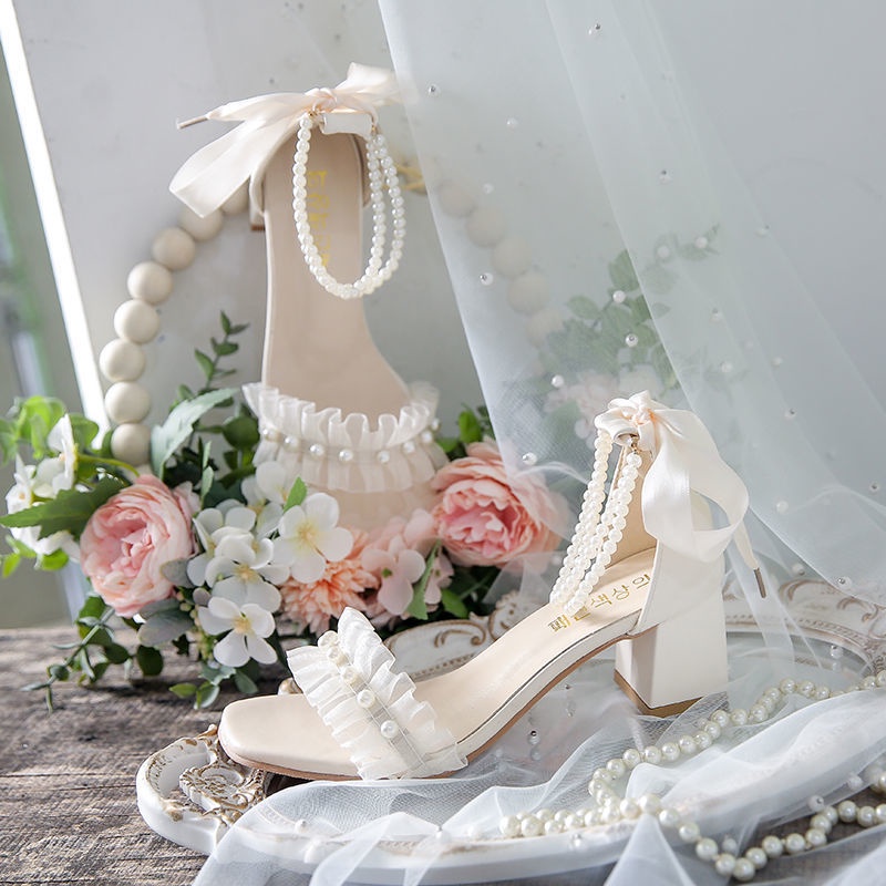 Hàng Có Sẵn Giày Sandal Cao Gót Đế Dày Mùa Hè Cột Dây Nơ Phong Cách Pháp Cho Nữ