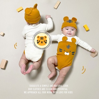 Áo liền quần BCBL tay cộc vải cotton hữu cơ hình hổ vàng có mũ cho em bé