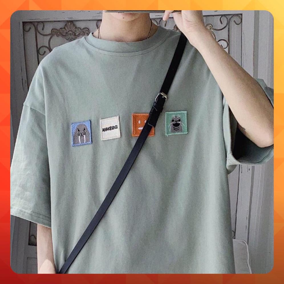 Áo thun tay lở form rộng thêu logo hình vuông - Unisex nam nữ đều mặc được Xịn