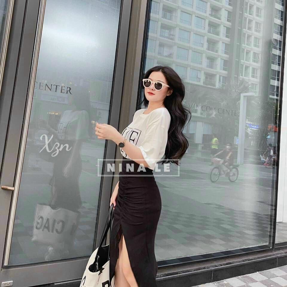 Set chân váy xẻ tà áo rút dây áo in chữ dễ thương cho nàng dự tiệc dạo phố Zashopp