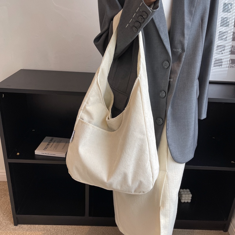 Túi Tote Nhỏ Đeo Vai Bằng Vải Nhung Kẻ Sọc Có Thể Đựng Sách Vở Cho Nữ Sinh Đại Học