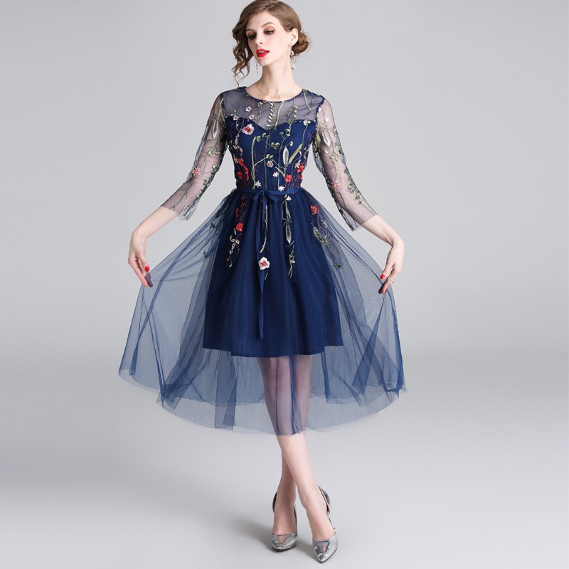 Real Shot Women's High Quality Embroidered Mesh Midi Party Dress | BigBuy360 - bigbuy360.vn