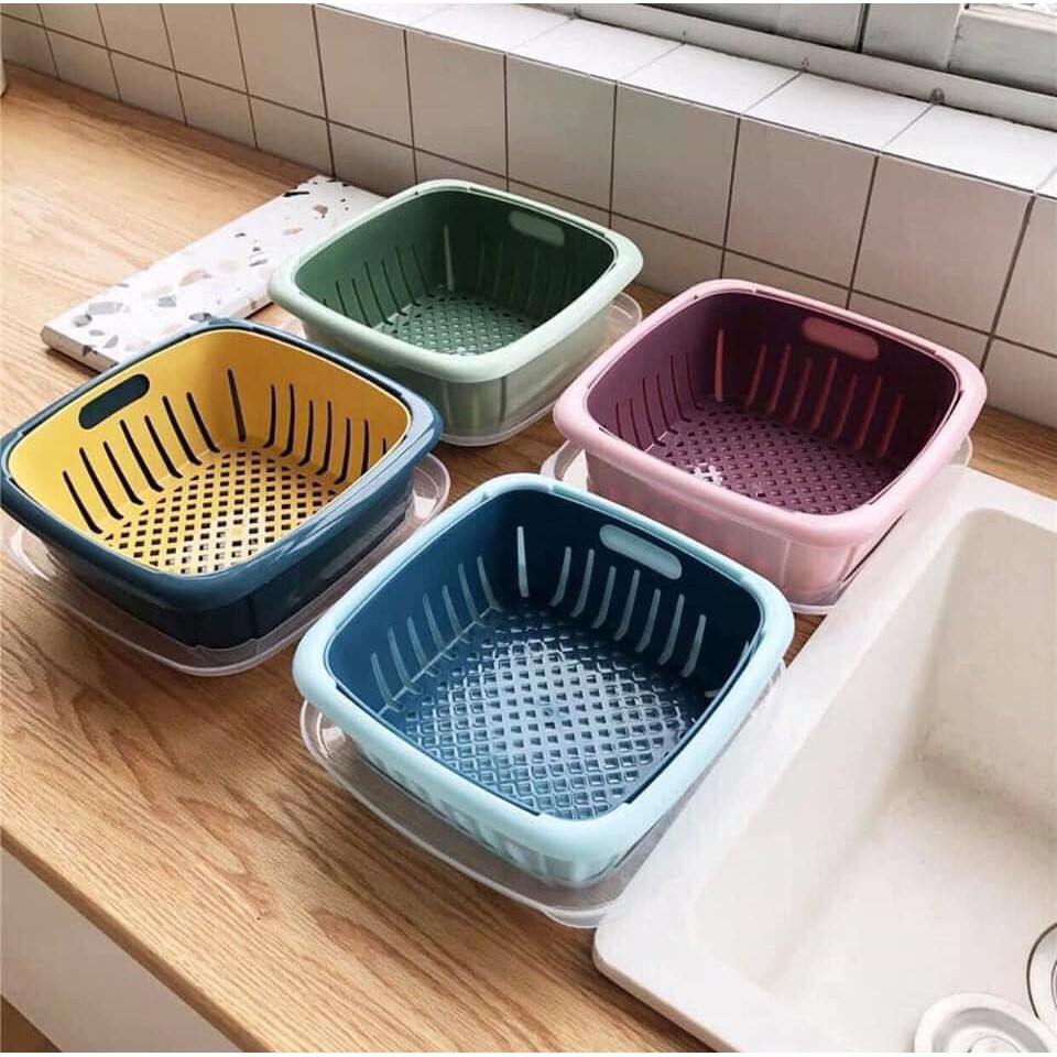 Hộp đựng thực phẩm có nắp đậy cao cấp mẫu vuông, khay nhựa để tủ lạnh kèm rổ ráo nước để bảo quản rau củ quả tiện dụng